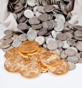 bag of silver and gold coins